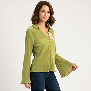 NWT - SHEIN Women's Pleated Lime Green Bell Sleeve Collared Button Front Top